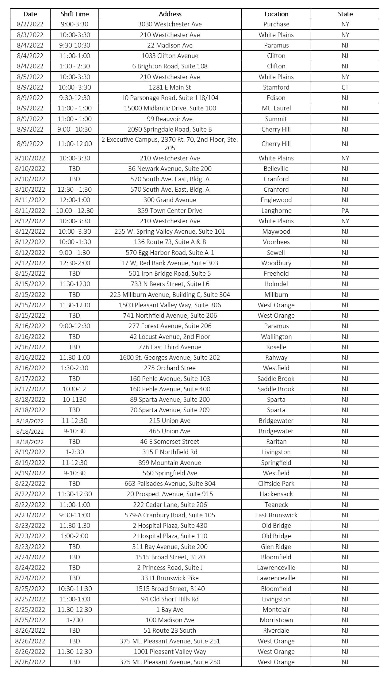 Summit August Schedules