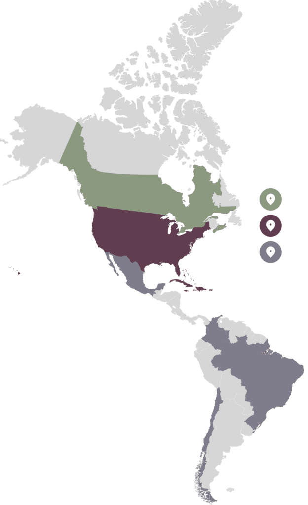 Map showing Body Techniques workplace wellness service areas across the United States, Canada, and Latin America